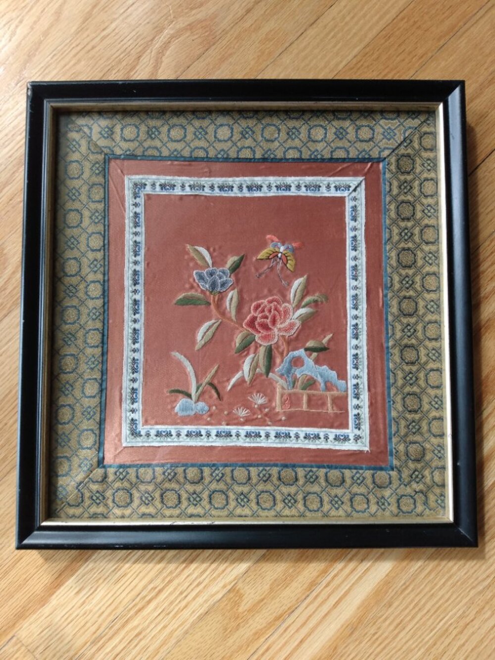 Vintage Silk Chinoiserie Framed Embroidered Fabric Art Butterfly Floral Picture